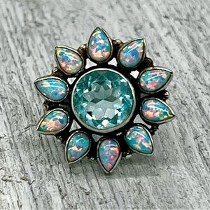 330. Opal and Aquamarine Sterling Floral Motif Ring Size 8